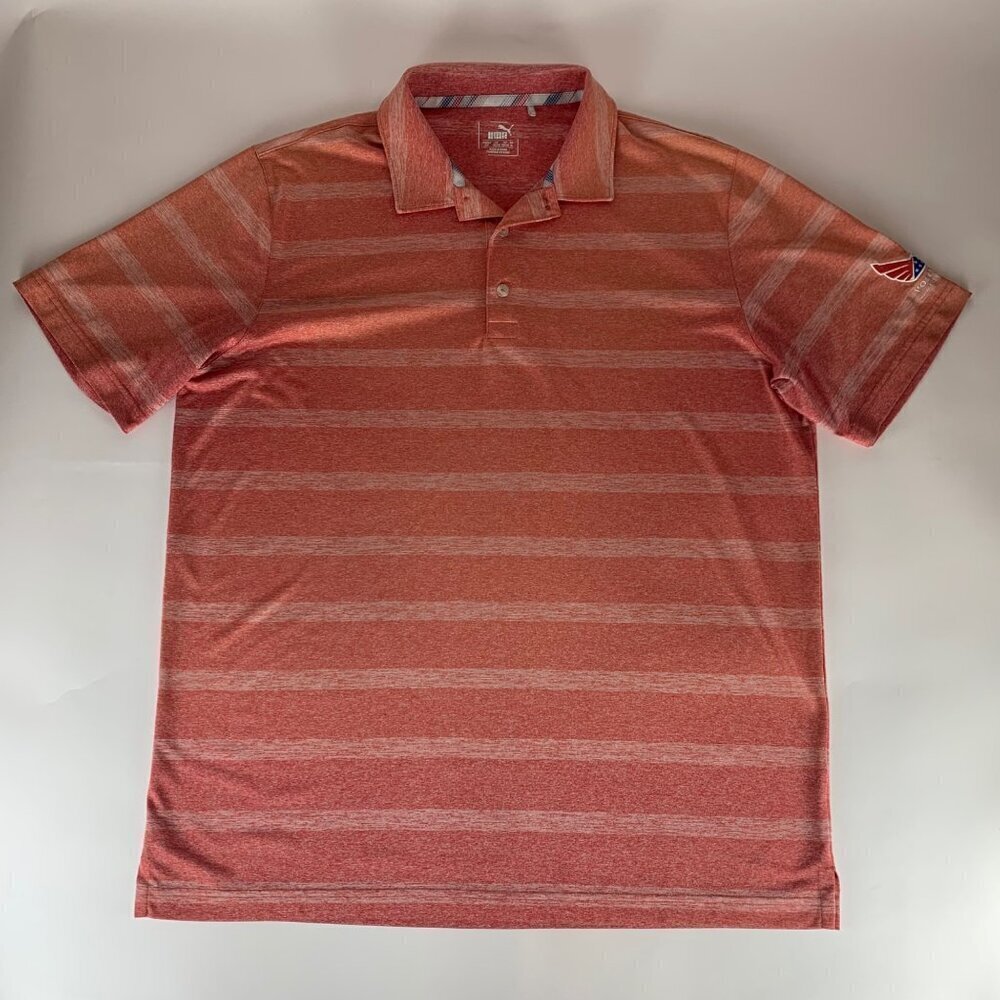Puma Volition Red Orange Striped Athletic Polo Shirt Mens Large